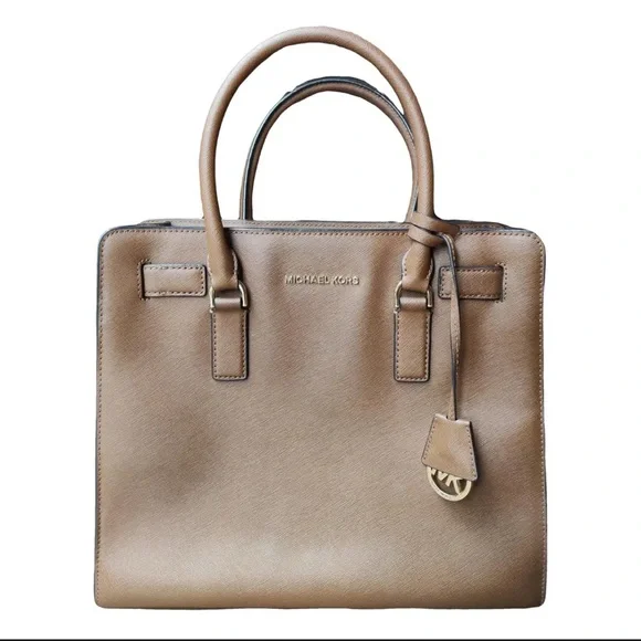 Michael Kors Dillon Medium Saffiano Leather Satchel Taupe Tan Bag Purse - EUC - Picture 2 of 11